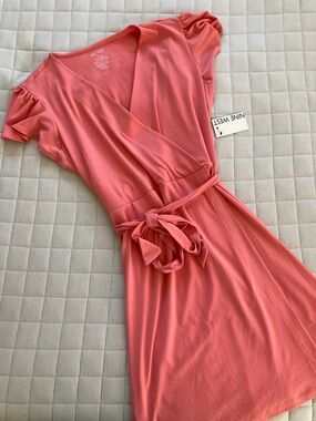 Nine West Women’s Coral Pink Wrap-Style Mini Dress with Tie Waist - Size L